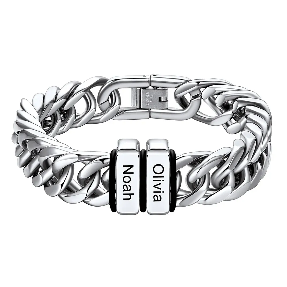 Bracelet Personnalisé avec 2  Perles Gravées et Chaîne Cubaine pour Homme 12 cm