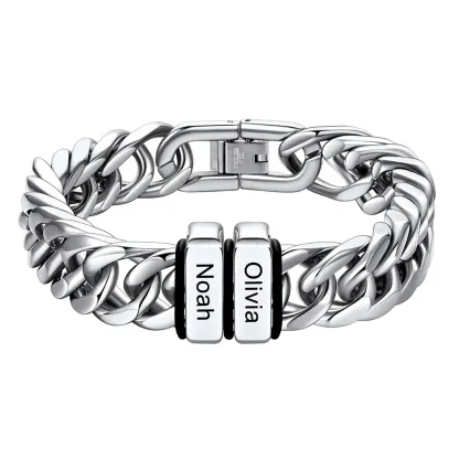 Bracelet Personnalisé avec 2  Perles Gravées et Chaîne Cubaine pour Homme 12 cm