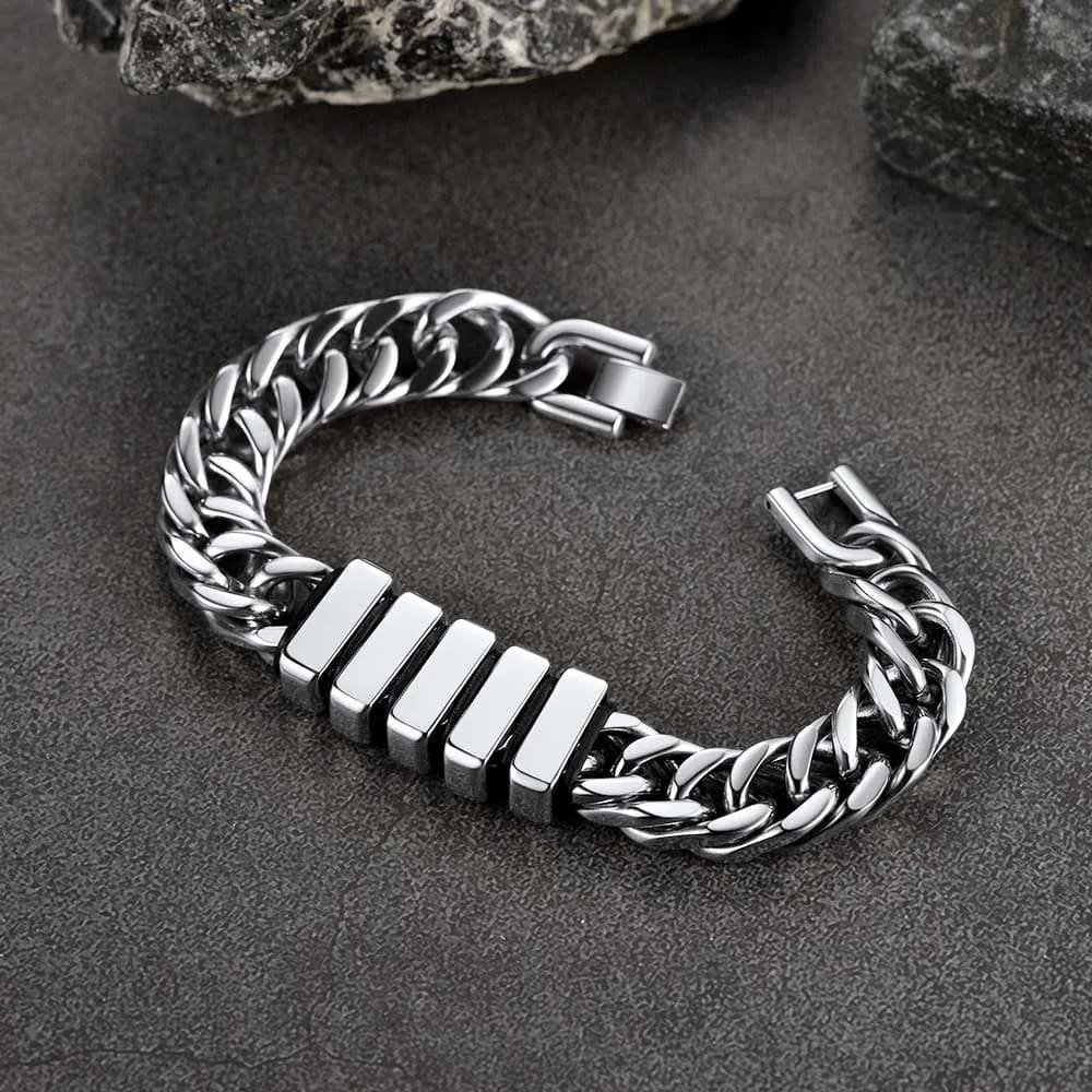 Bracelet Personnalisé avec Perles Gravées et Chaîne Cubaine argenté