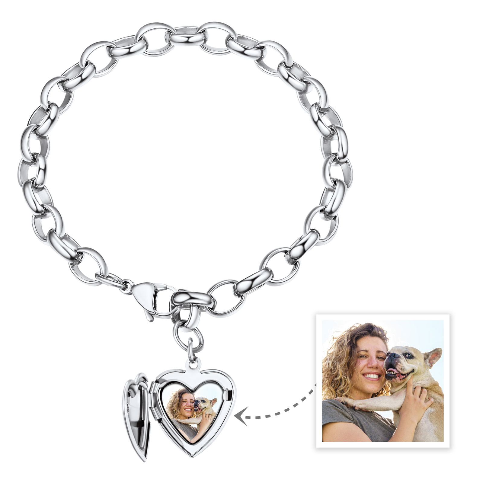  Bracelet Personnalisé avec Nom Gravé et Médaillon Photo Cœur