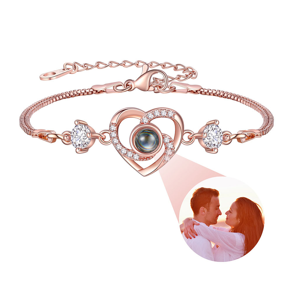 Bracelet Photo Projection Personnalisé en Cœur Or Rose