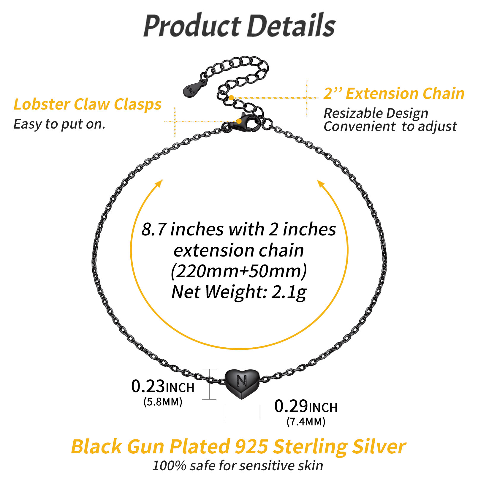 Bracelet de Cheville Cœur avec Initiale Personnalisée pour Femme taille