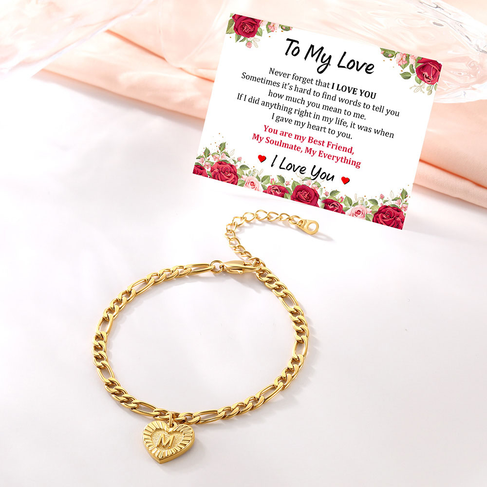 Bracelet de Cheville Chaîne Figaro avec Charm Cœur et Initiale pour Femme