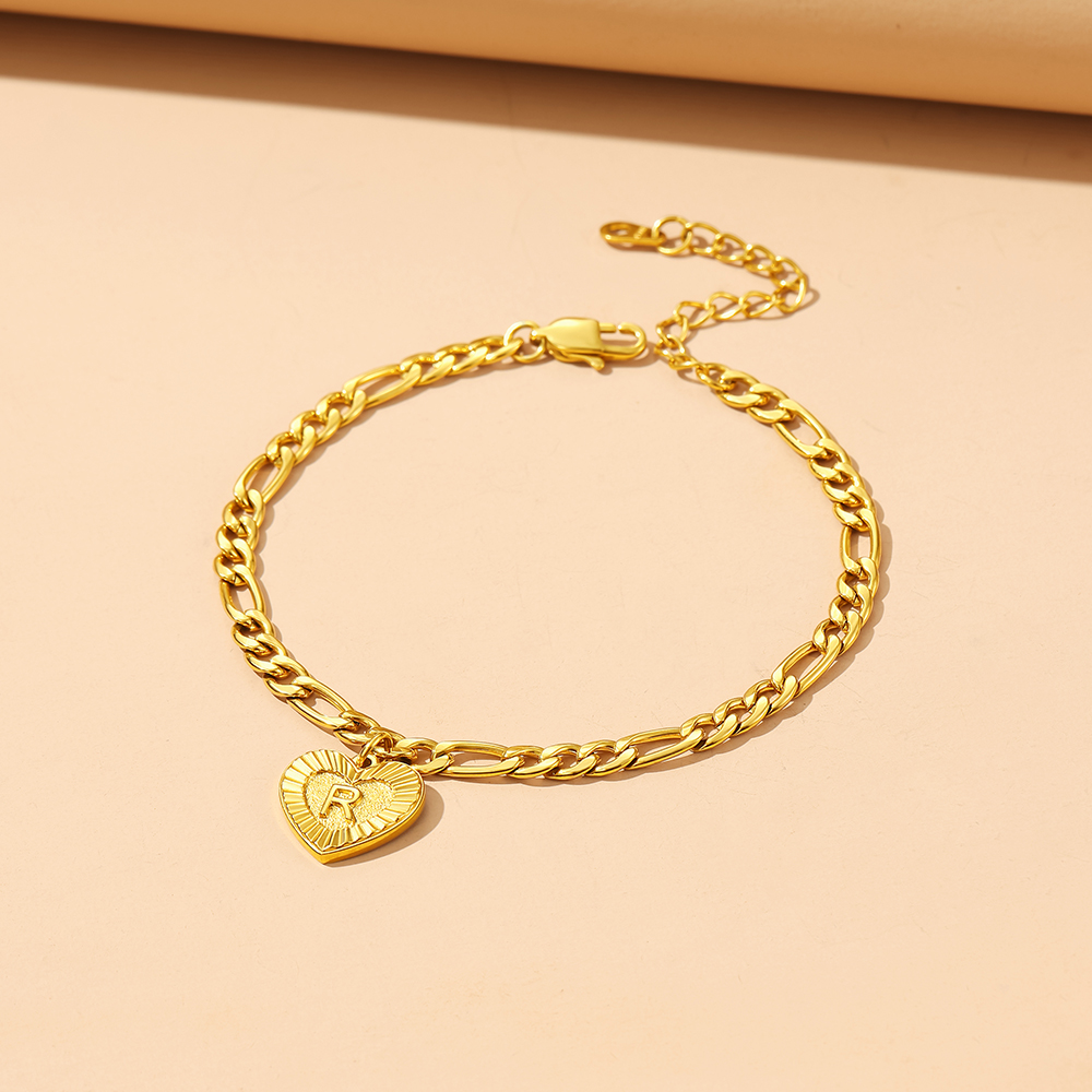 Bracelet de Cheville Chaîne Figaro avec Charm Cœur et Initiale pour Femme