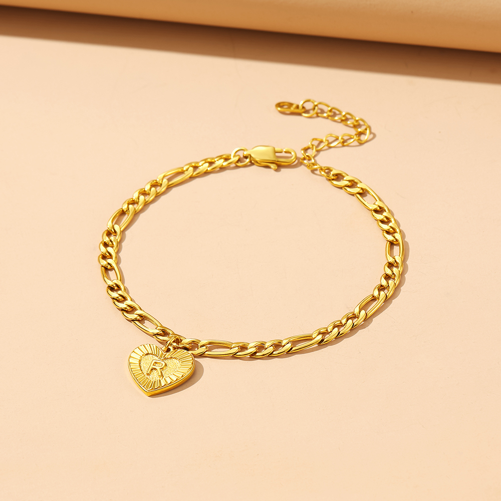 Bracelet de Cheville Chaîne Figaro avec Charm Cœur et Initiale pour Femme