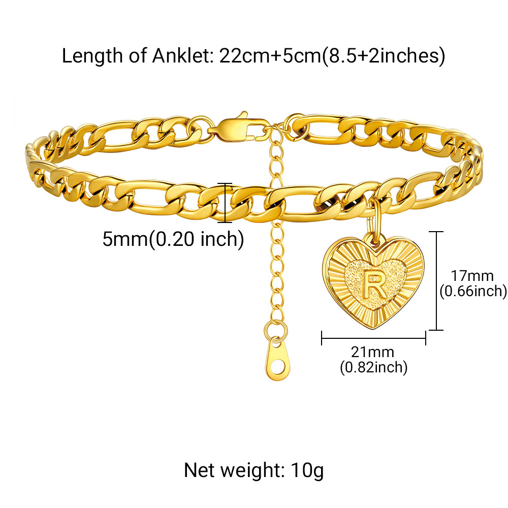 Bracelet de Cheville Chaîne Figaro avec Charm Cœur et Initiale pour Femme