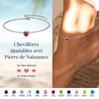 Bracelet de Cheville Coeur Argent avec Pierre de Naissance ajustable