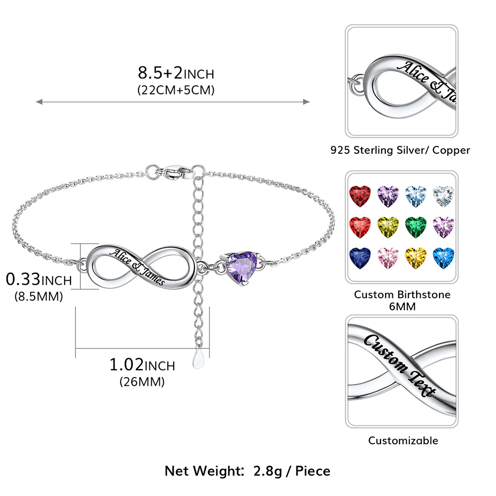 Bracelet de Cheville Infini Coeur Personnalisé avec Pierre de Naissance taille