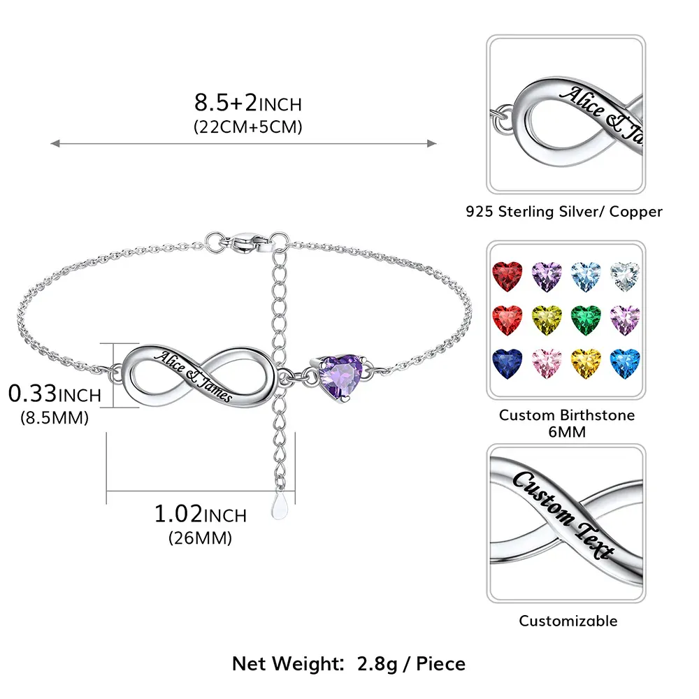 Bracelet de Cheville Infini Coeur Personnalisé avec Pierre de Naissance taille
