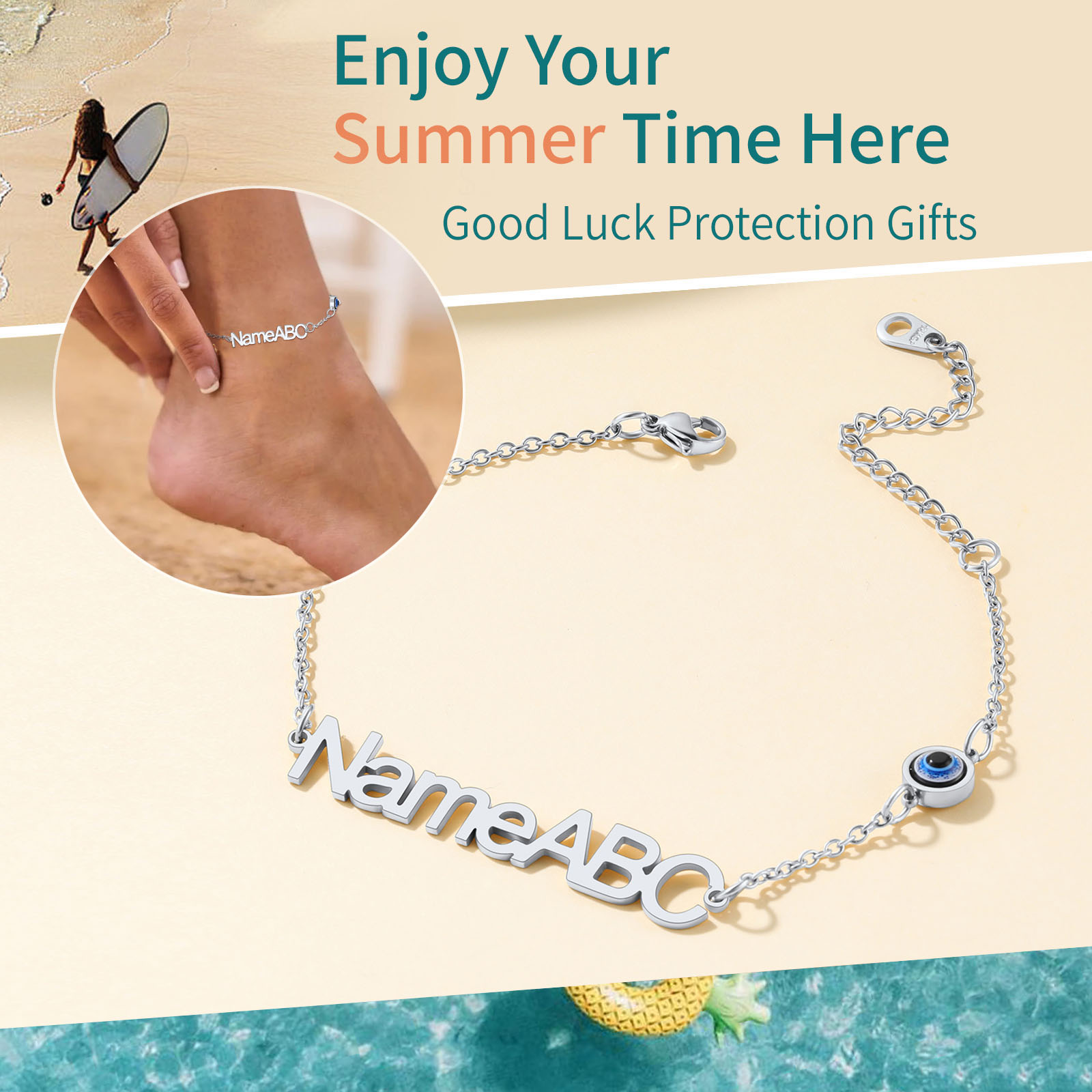 Bracelet de Cheville Personnalisé avec Nom et Œil pour été