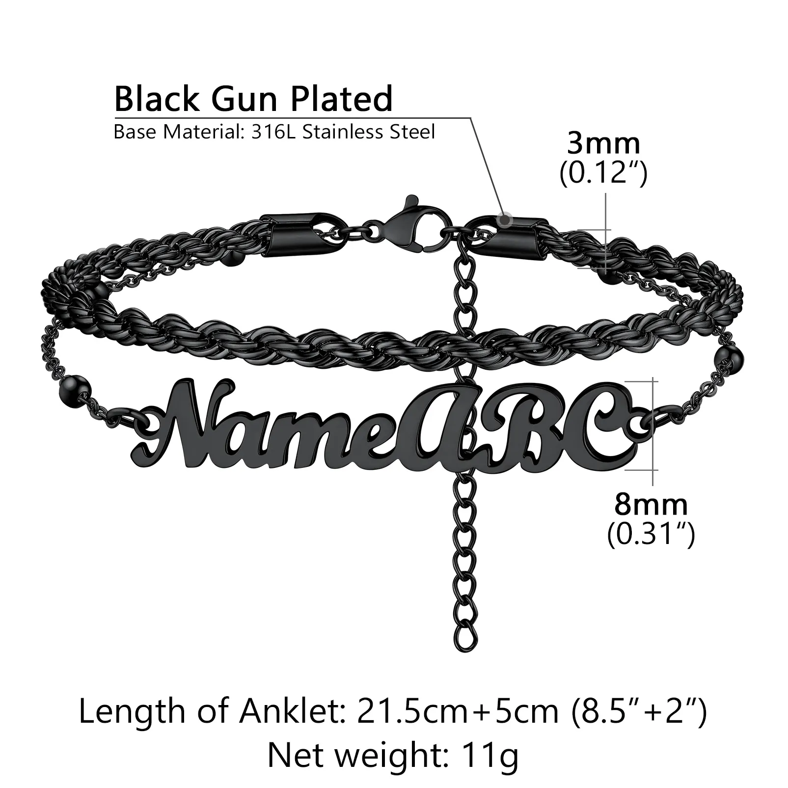 Bracelet de Cheville Personnalisé avec Nom noir
