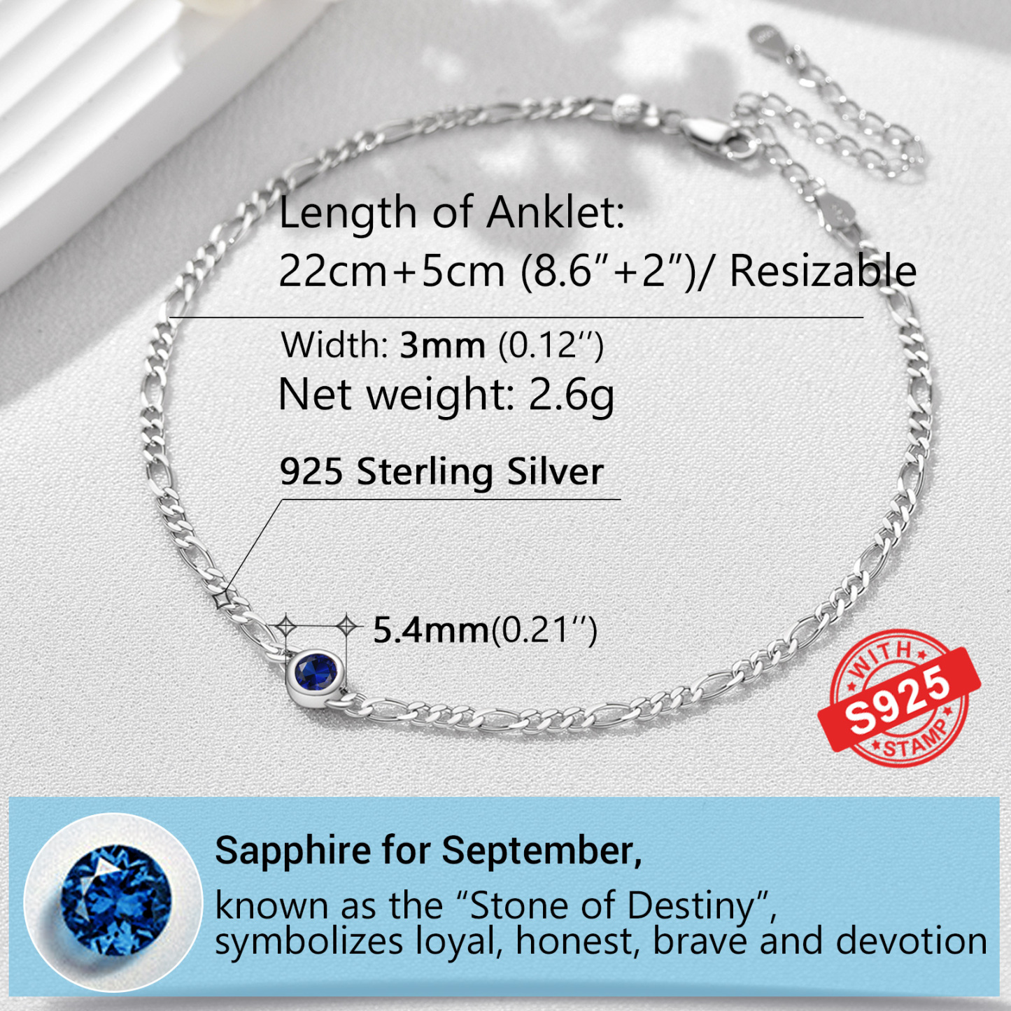 Bracelet de Cheville Rond Figaro avec Pierre de Naissance