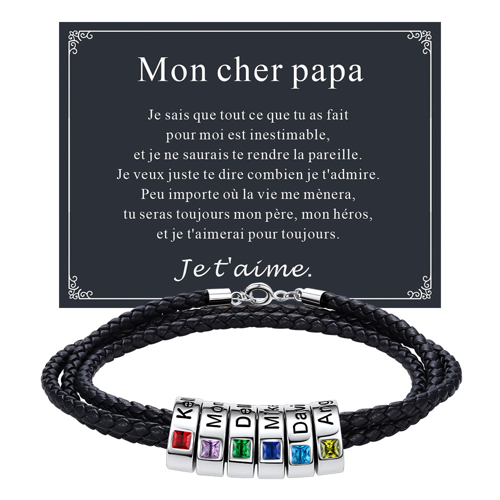 Bracelet en Cuir Personnalisé avec Perles Gravées et Pierre de Naissance