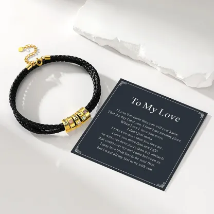 Bracelet en Cuir Personnalisé avec Perles Gravées et Pierre de Naissance