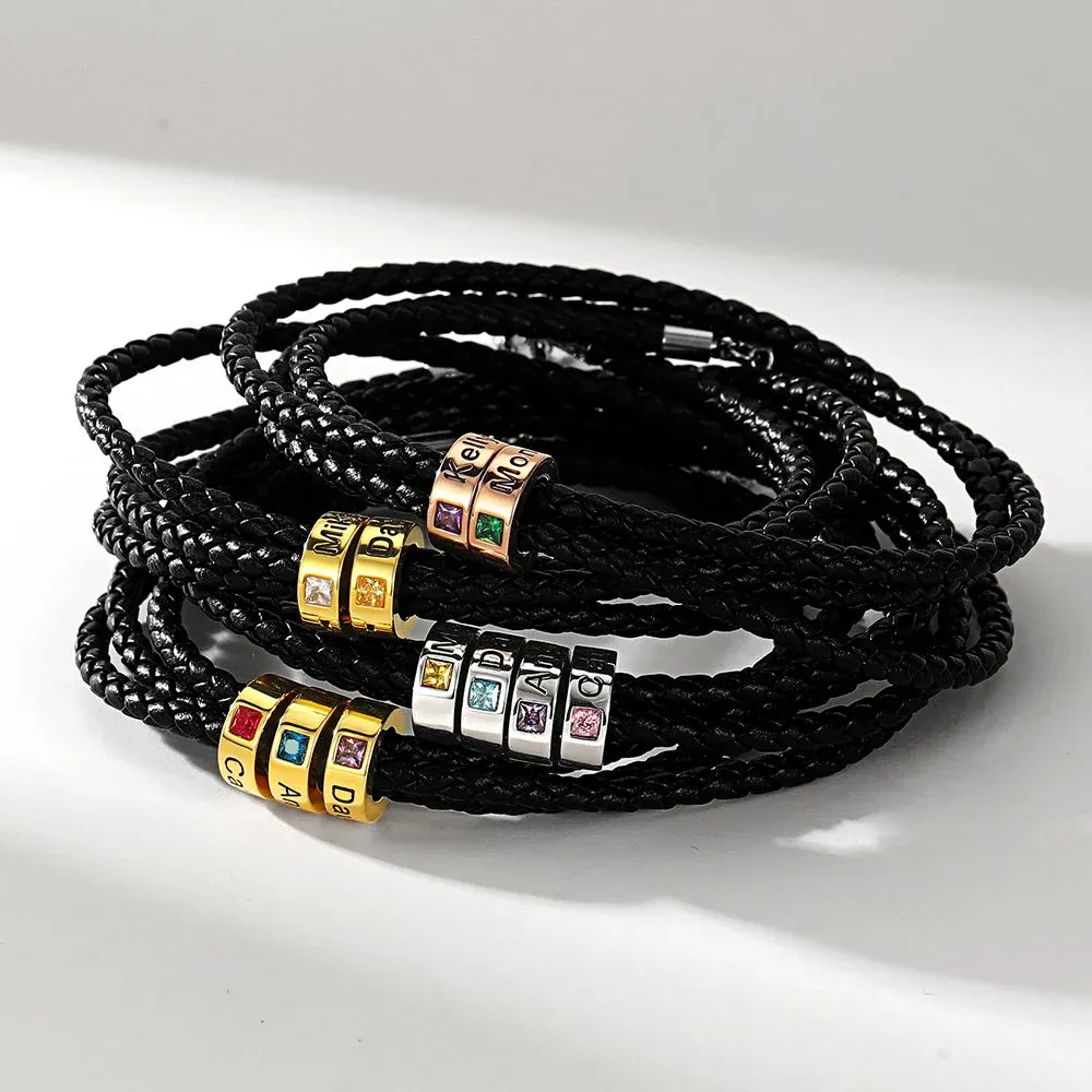 Bracelet en Cuir Personnalisé avec Perles Gravées et Pierre de Naissance