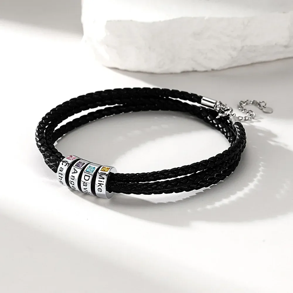 Bracelet en Cuir Personnalisé avec Perles Gravées et Pierre de Naissance