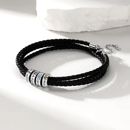 Bracelet en Cuir Personnalisé avec Perles Gravées et Pierre de Naissance