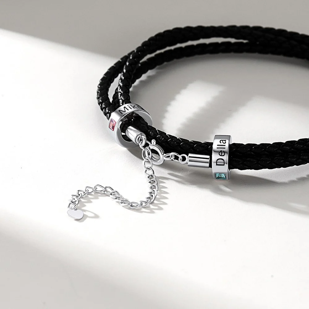 Bracelet en Cuir Personnalisé avec Perles Gravées et Pierre de Naissance