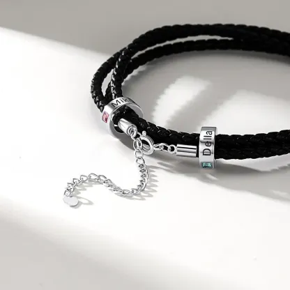 Bracelet en Cuir Personnalisé avec Perles Gravées et Pierre de Naissance