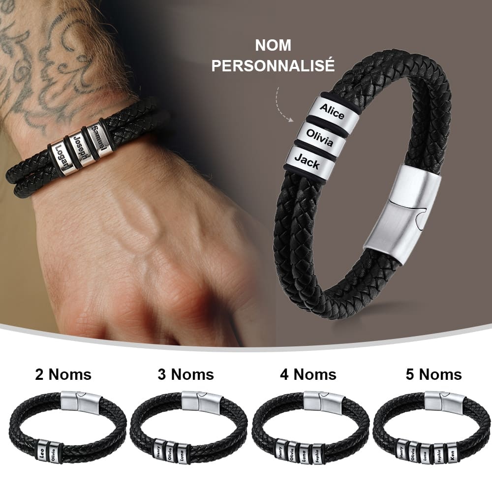 Bracelet en Cuir Tressé Personnalisé avec  4 Prénoms