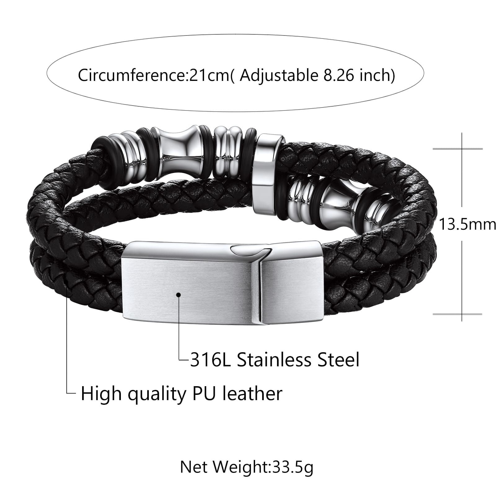 Bracelet en Cuir avec Fermoir en Acier Inoxydable taille