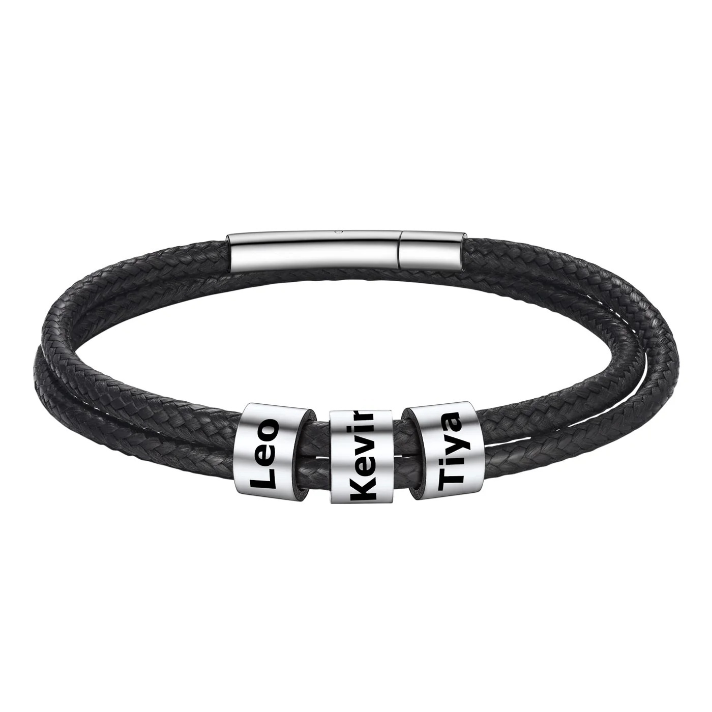 Bracelet en Cuir Personnalisé avec 3 Perles Gravées