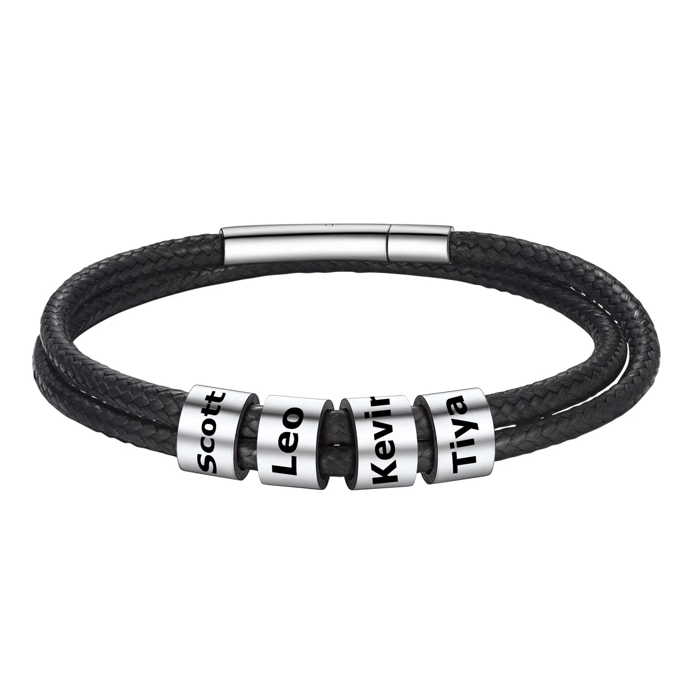 Bracelet en Cuir Personnalisé avec 4 Perles Gravées