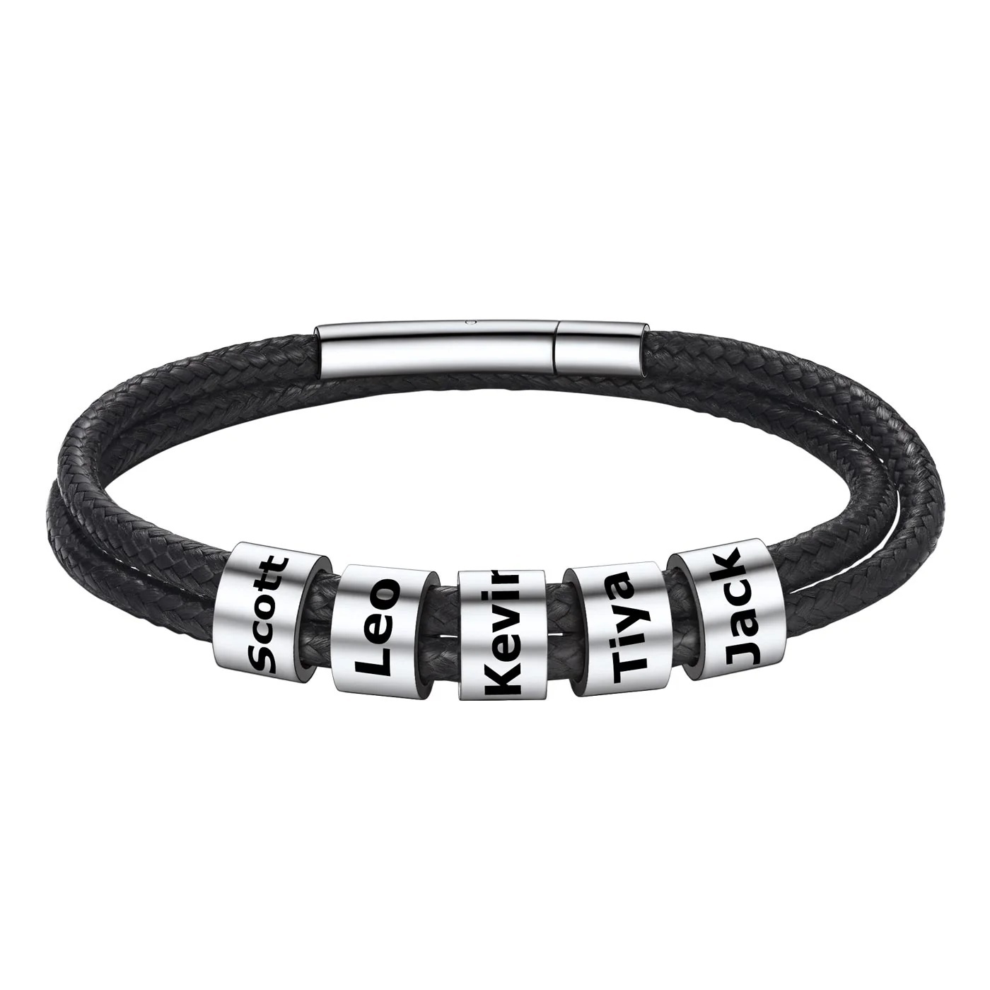 Bracelet en Cuir Personnalisé avec 5 Perles Gravées