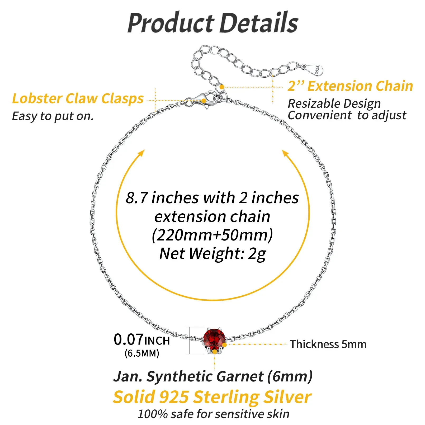 Bracelet Cheville en Argent Sterling avec Pierre de Naissance Taille