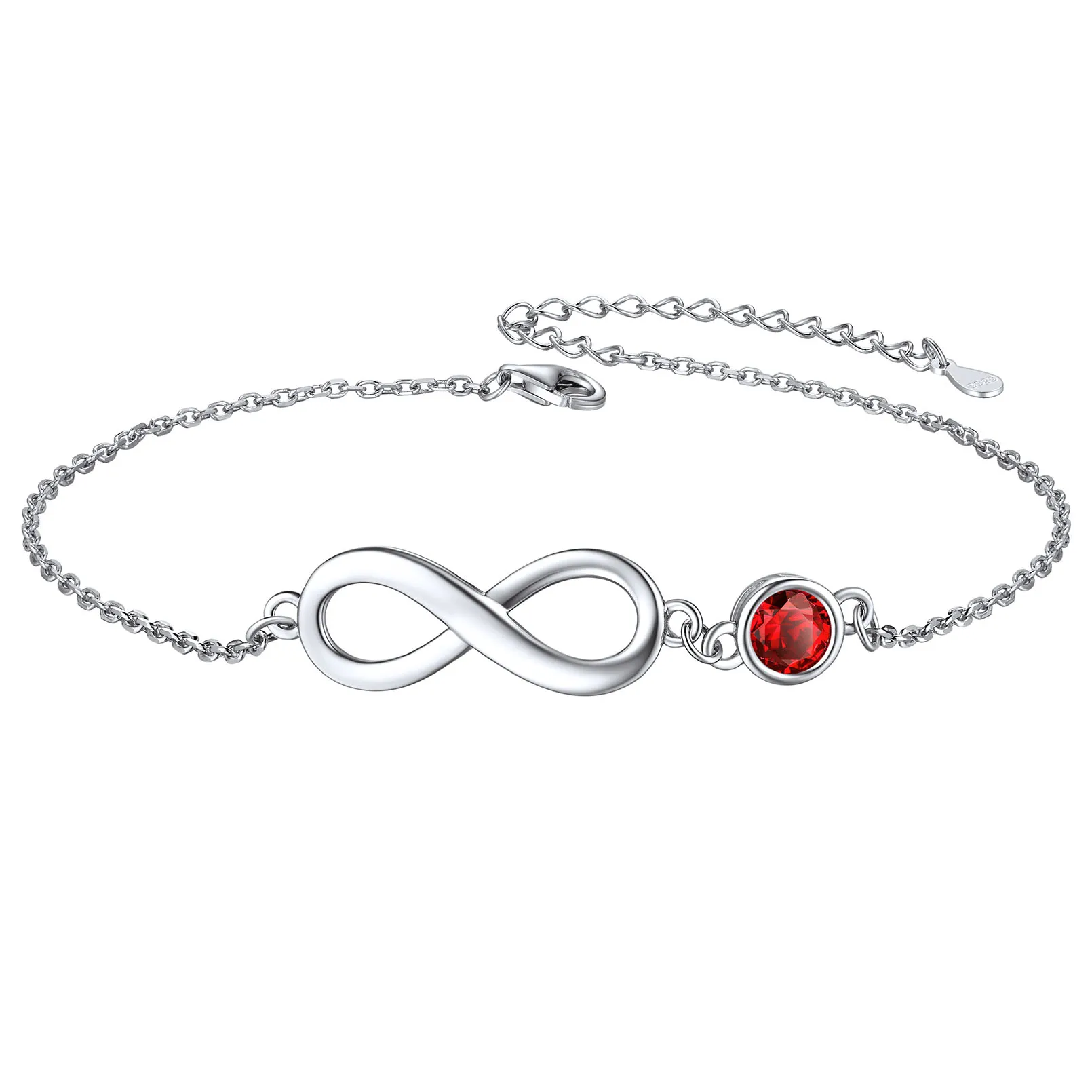 Bracelet de Cheville Infini en Argent 925 avec Pierre de Naissance Janvier-Grenat