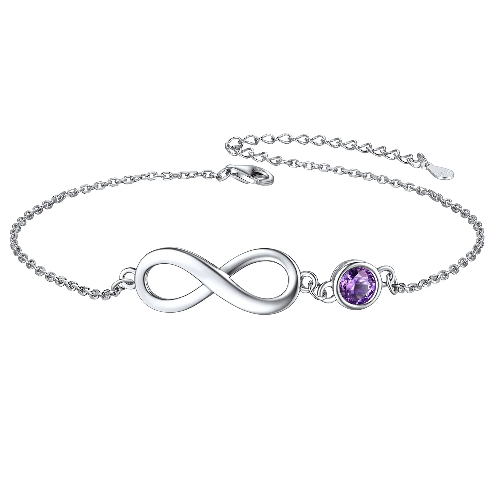Bracelet de Cheville Infini en Argent 925 avec Pierre de Naissance Février-Améthyste