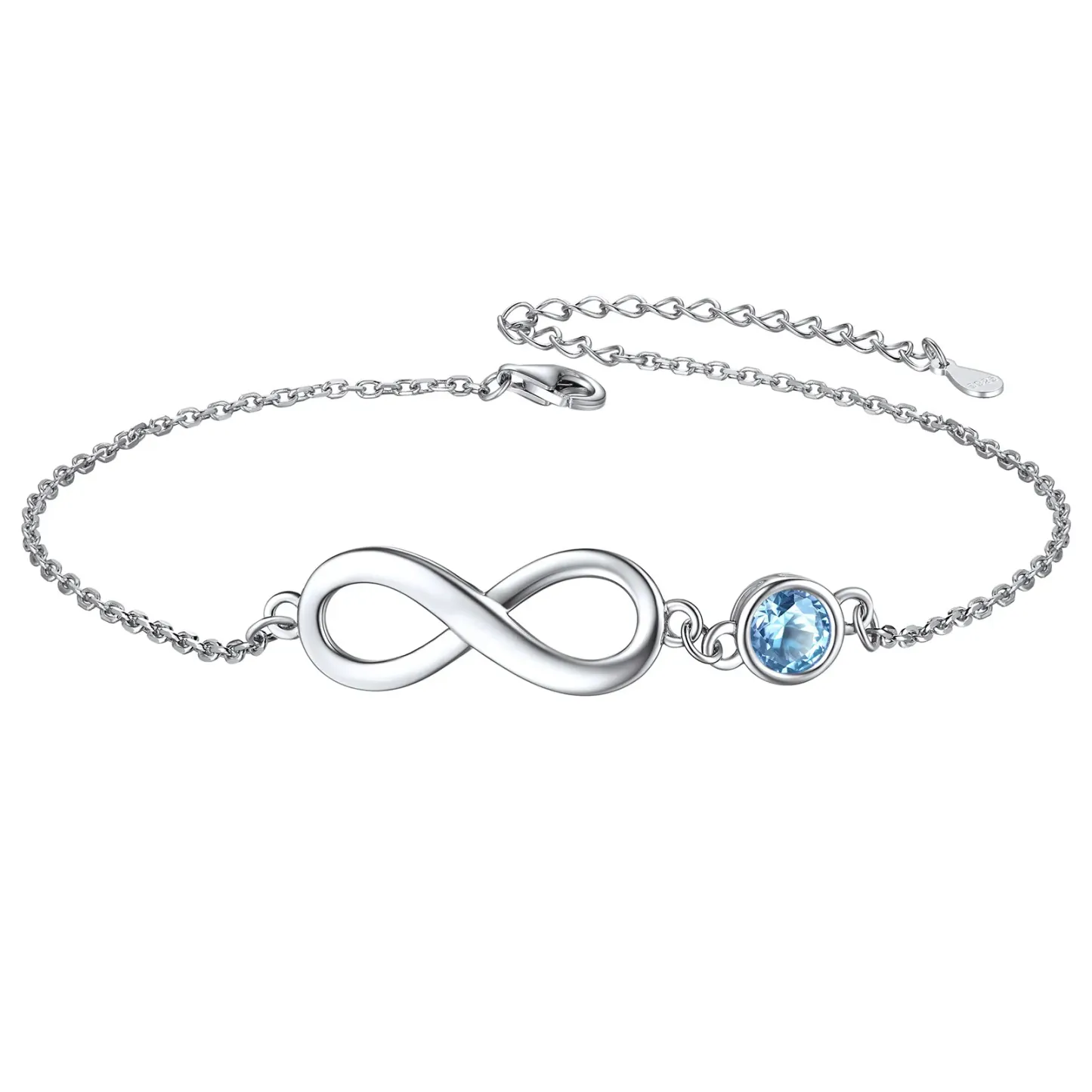 Bracelet de Cheville Infini en Argent 925 avec Pierre de Naissance Mars-Aiguemarine