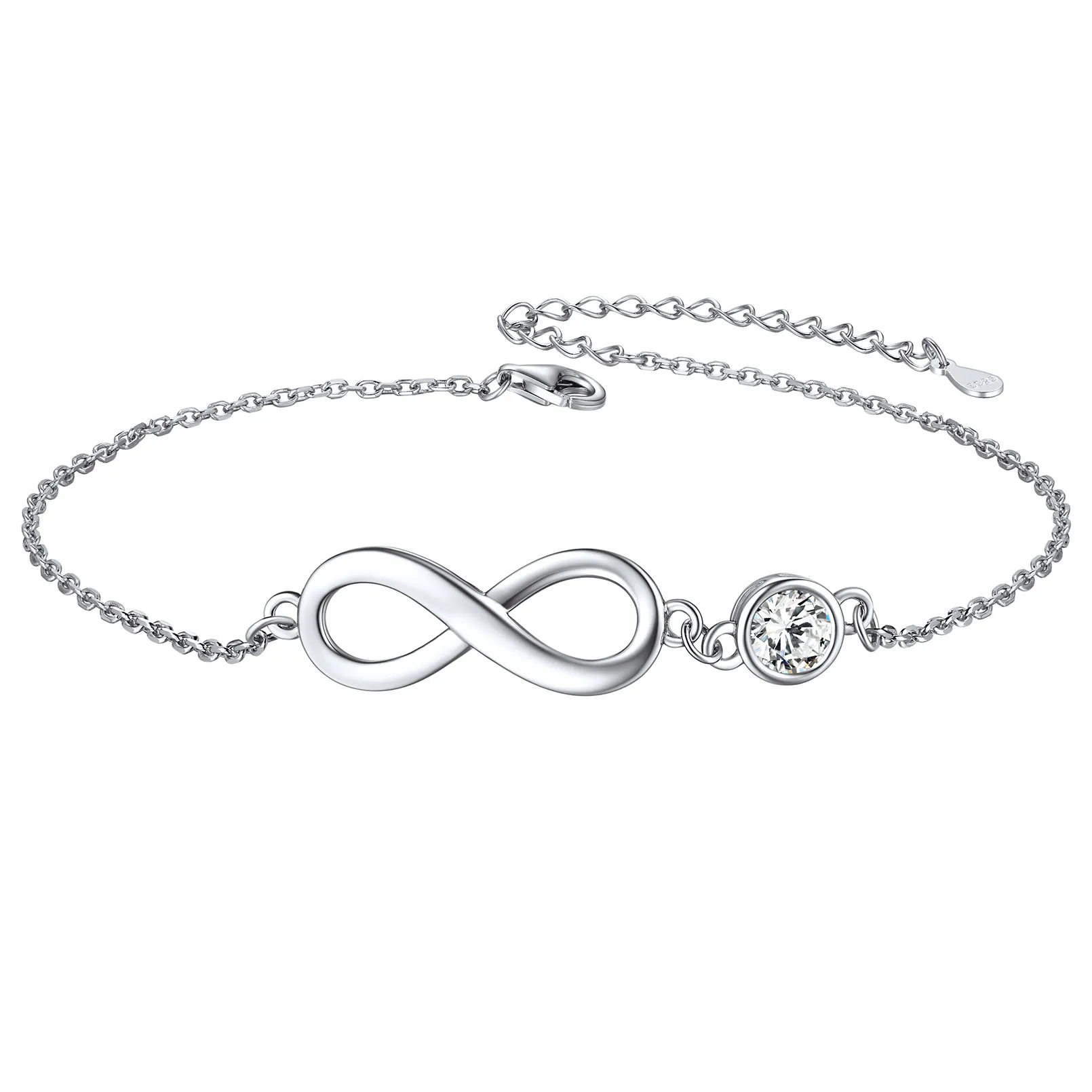 Bracelet de Cheville Infini en Argent 925 avec Pierre de Naissance Avril-Diament