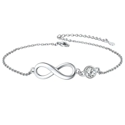Bracelet de Cheville Infini en Argent 925 avec Pierre de Naissance Avril-Diament