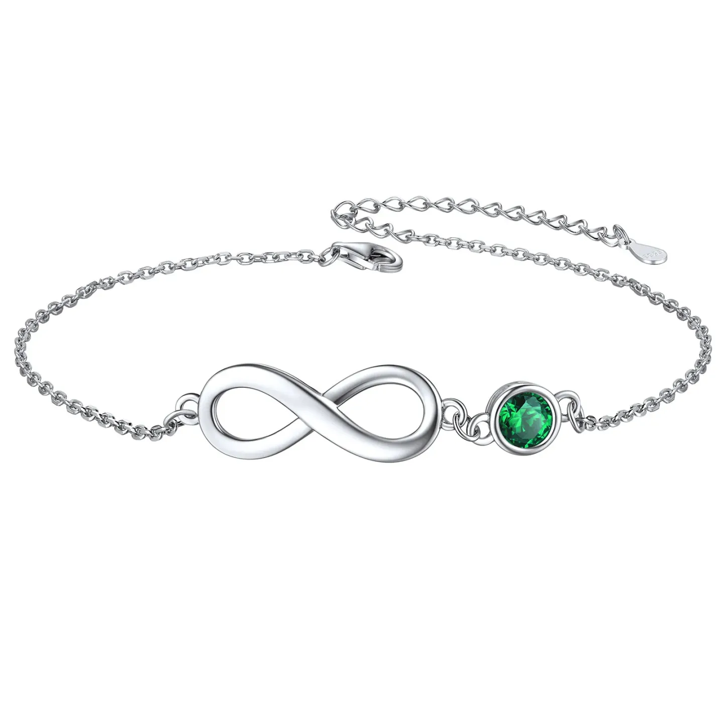 Bracelet de Cheville Infini en Argent 925 avec Pierre de Naissance Mai-Emeraude