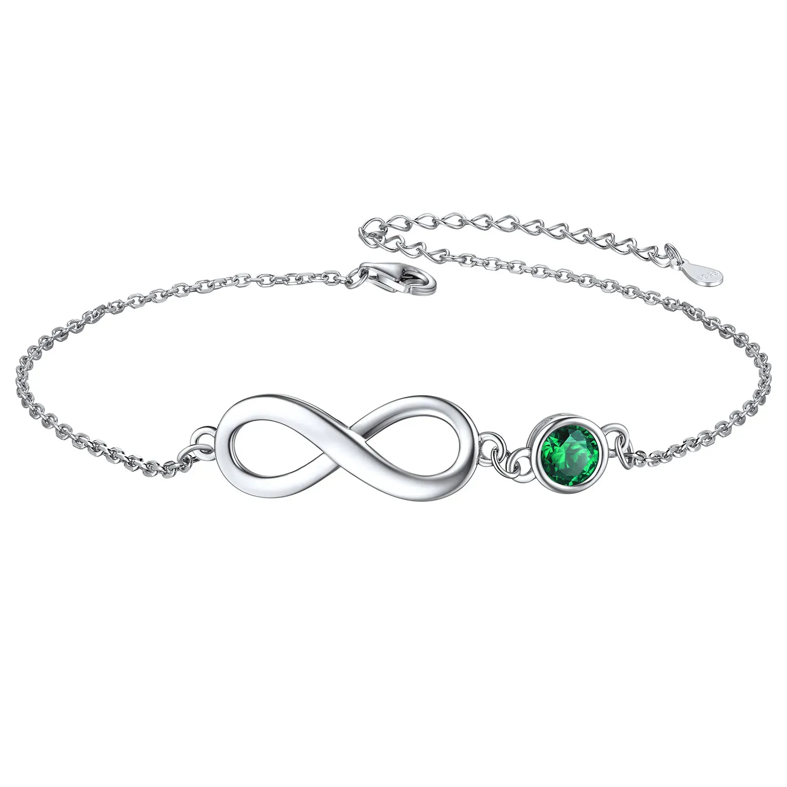 Bracelet de Cheville Infini en Argent 925 avec Pierre de Naissance Mai-Emeraude