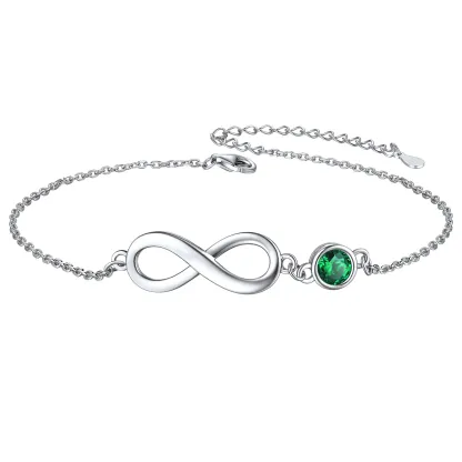 Bracelet de Cheville Infini en Argent 925 avec Pierre de Naissance Mai-Emeraude