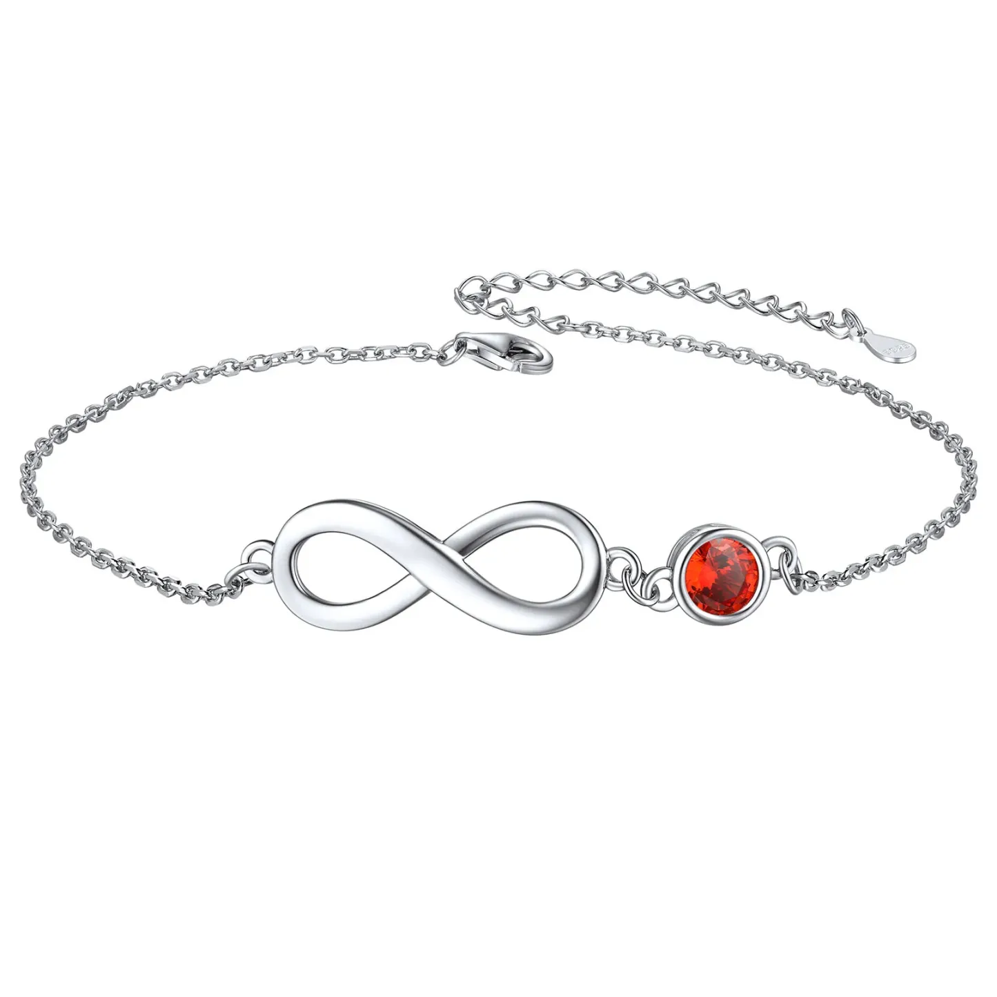 Bracelet de Cheville Infini en Argent 925 avec Pierre de Naissance Juillet-Rubis