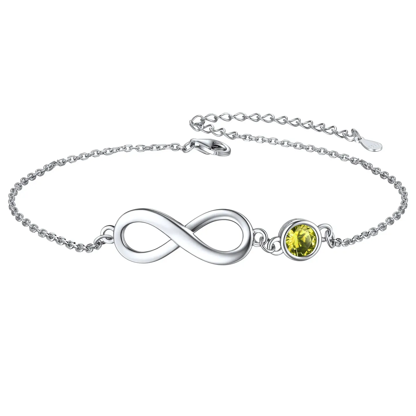 Bracelet de Cheville Infini en Argent 925 avec Pierre de Naissance Août-Péridot