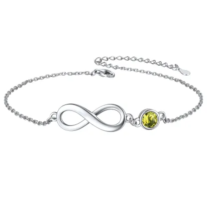 Bracelet de Cheville Infini en Argent 925 avec Pierre de Naissance Août-Péridot