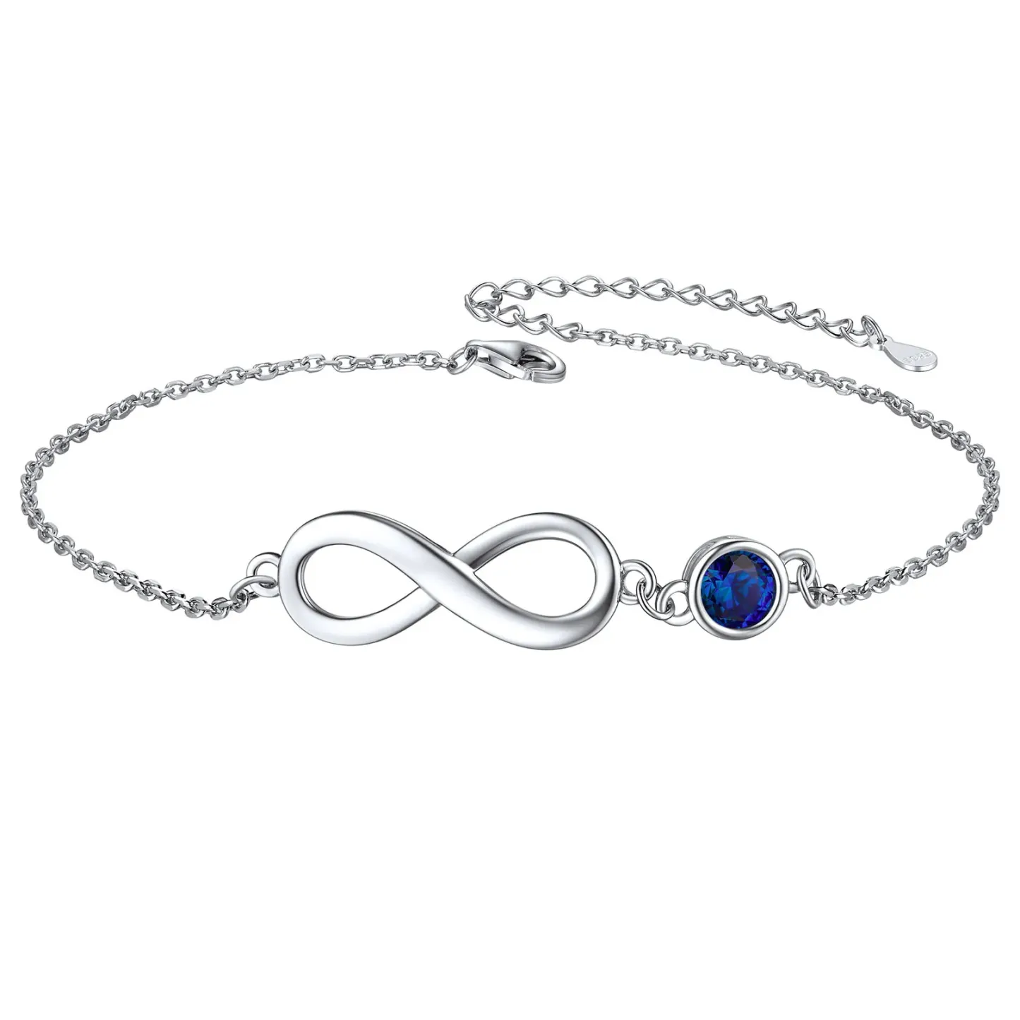 Bracelet de Cheville Infini en Argent 925 avec Pierre de Naissance Septembre-Saphir