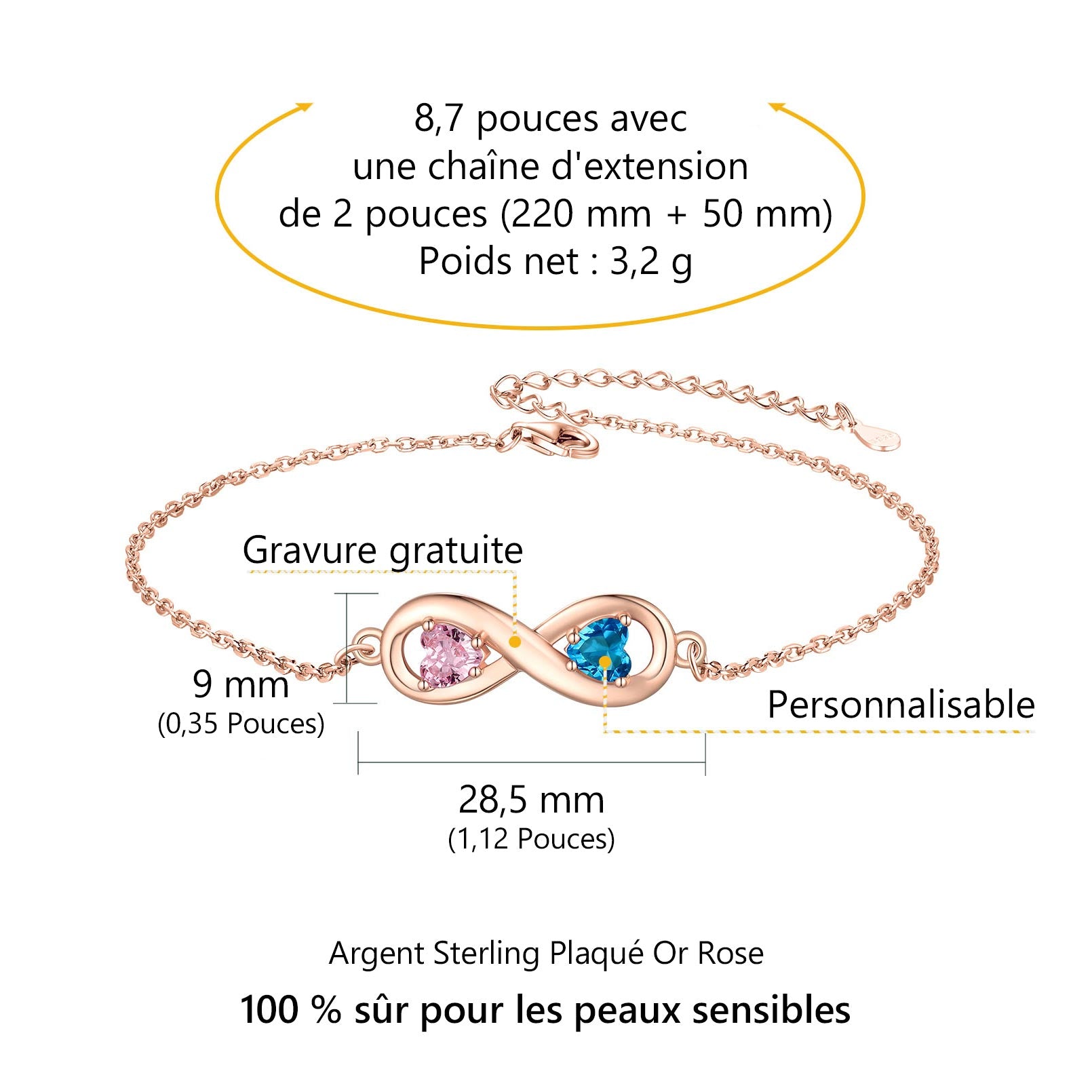 Bracelet de Cheville Infini avec Pierres de Naissance Personnalisé Taille
