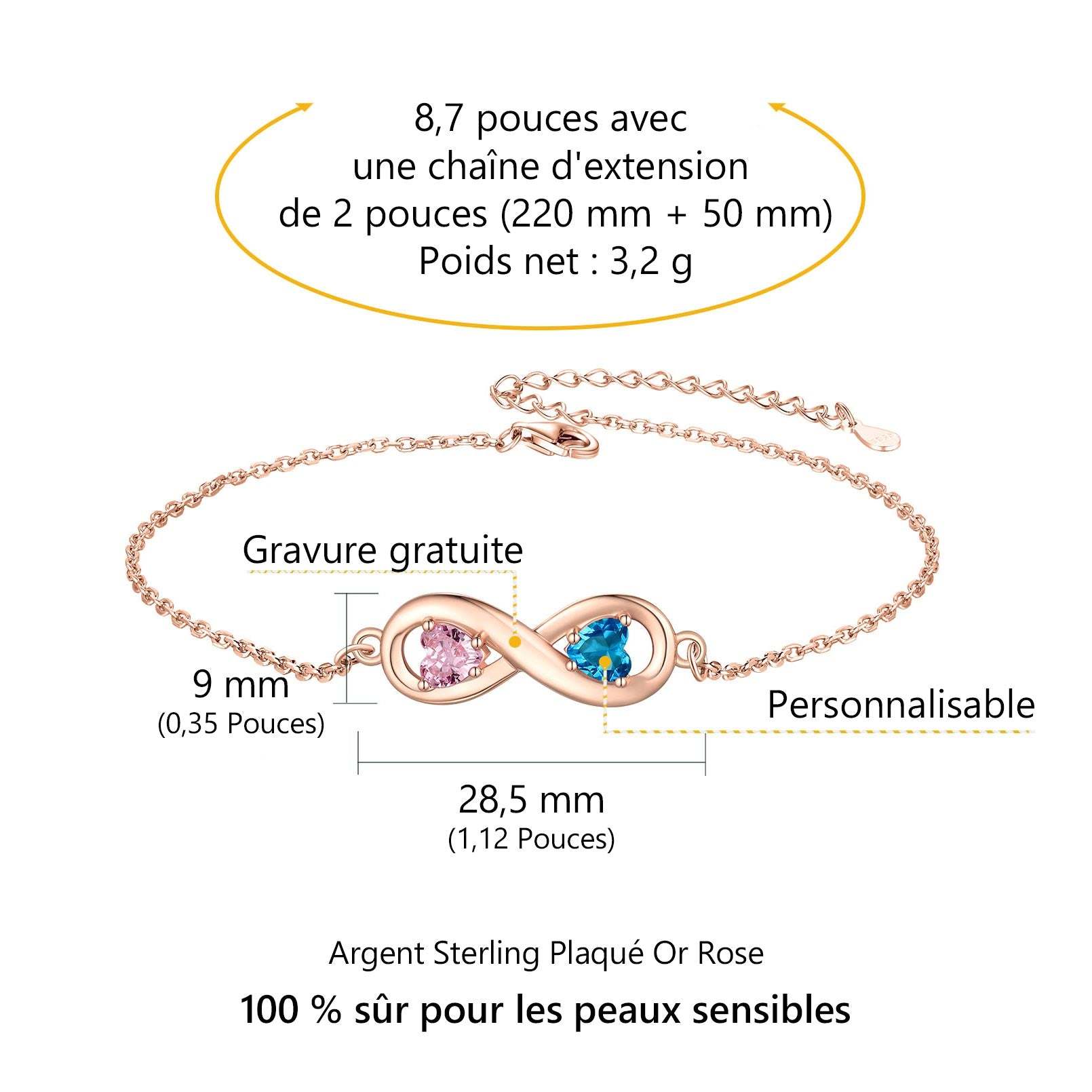 Bracelet de Cheville Infini avec Pierres de Naissance Personnalisé Taille