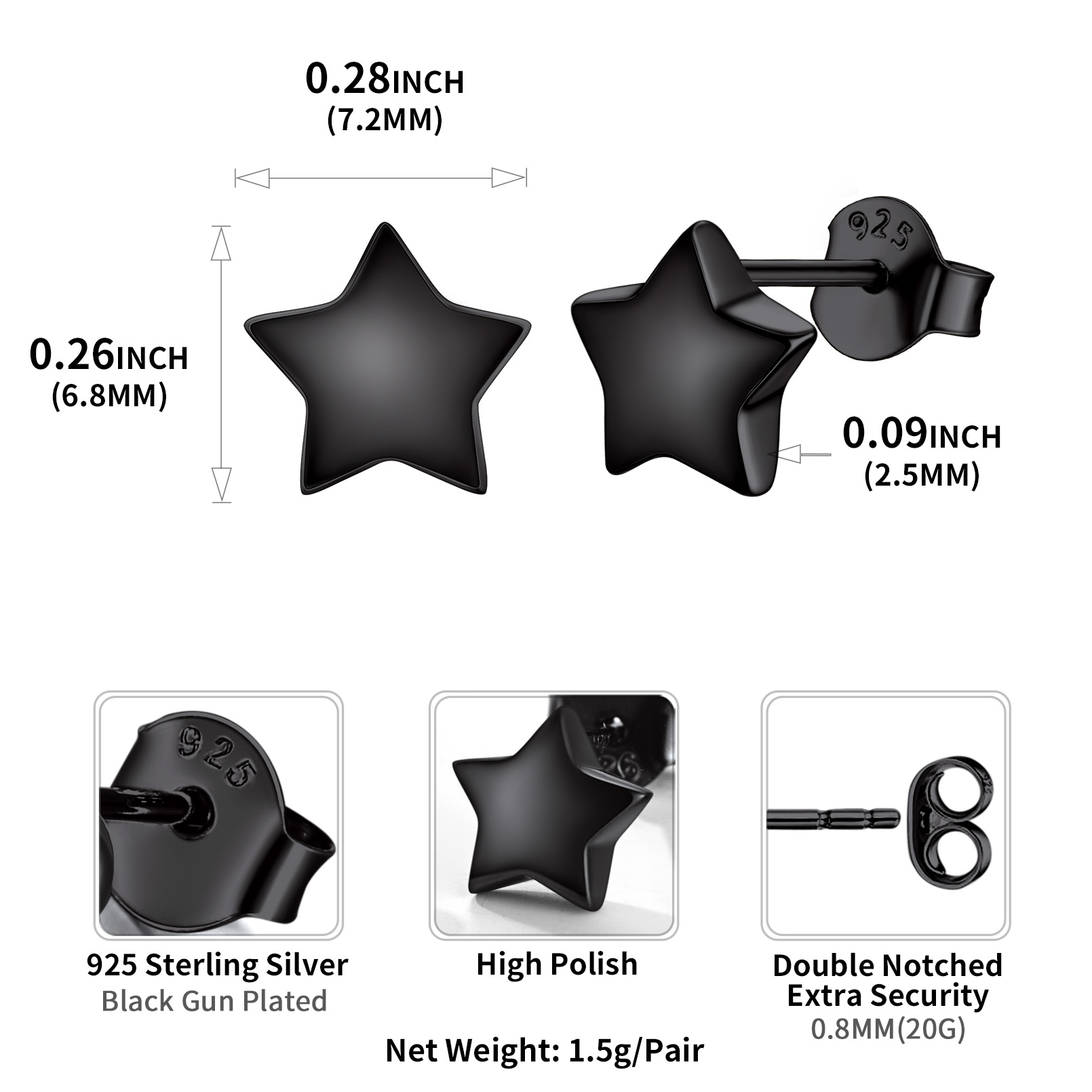 Boucles d'Oreilles Stud Étoile Personnalisées avec Gravure Initiale en Argent 925  Détaille