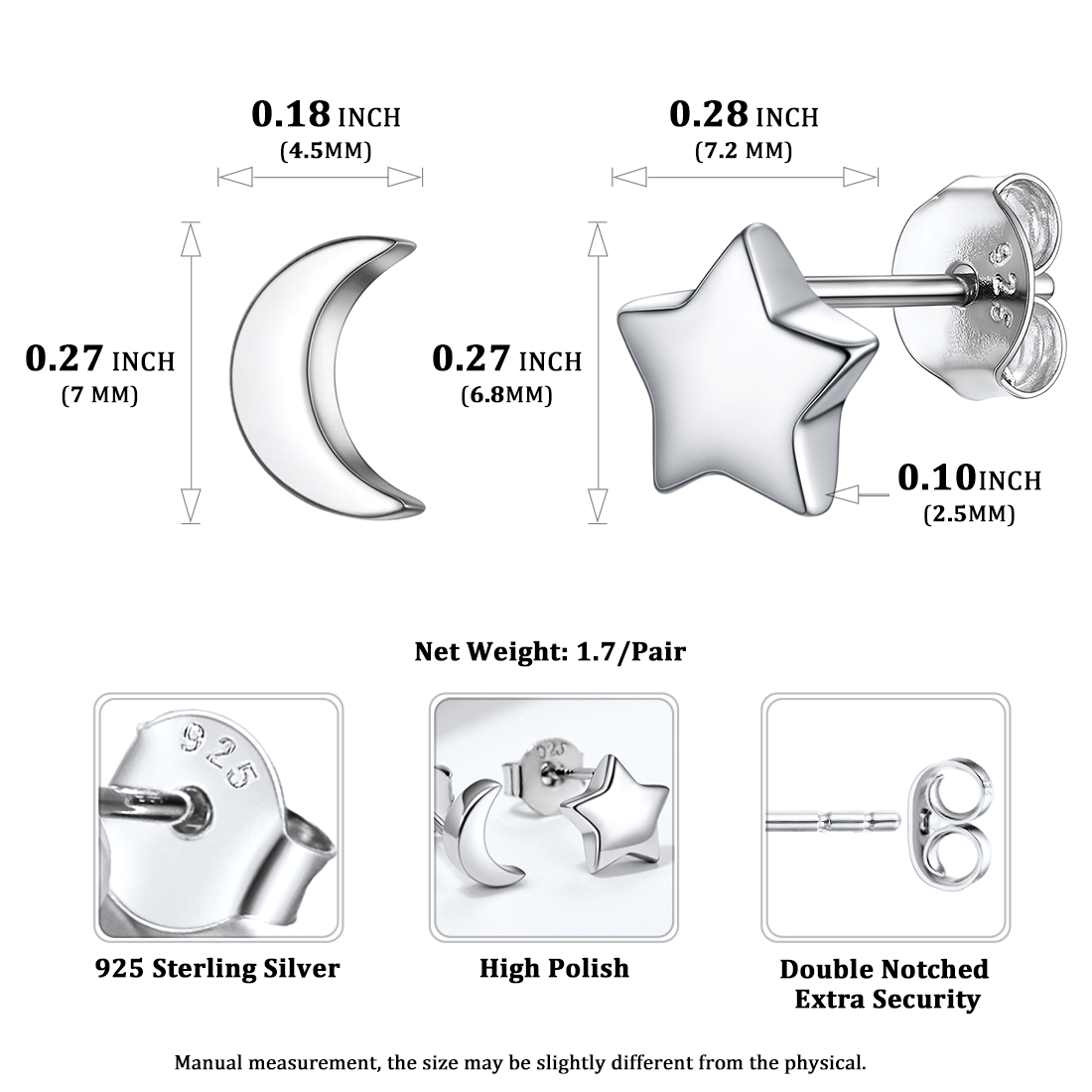 Boucles d’Oreilles Étoile et Lune en Argent Sterling pour Femme Taille