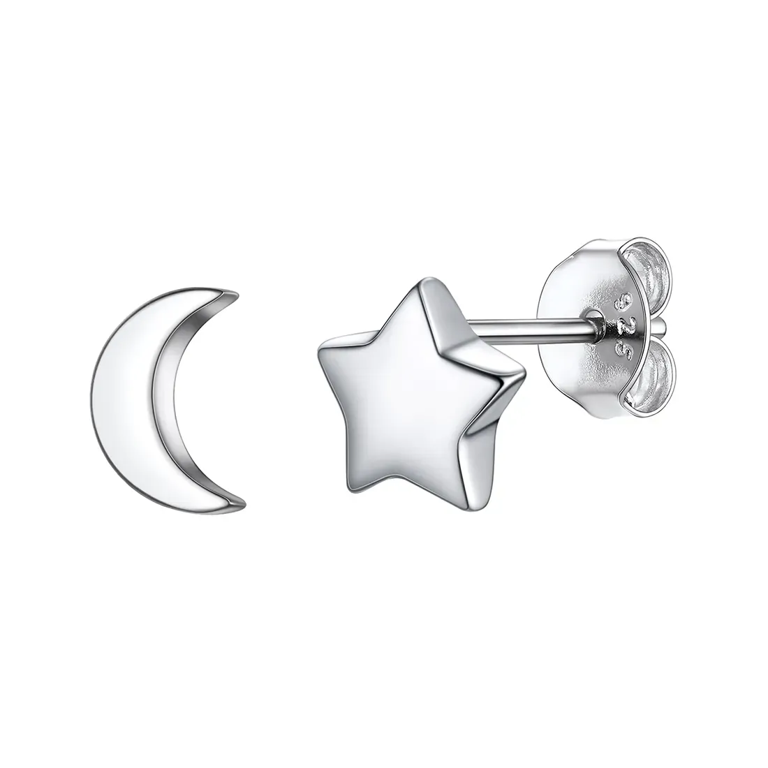 Boucles d’Oreilles Étoile et Lune en Argent Sterling pour Femme Argenté
