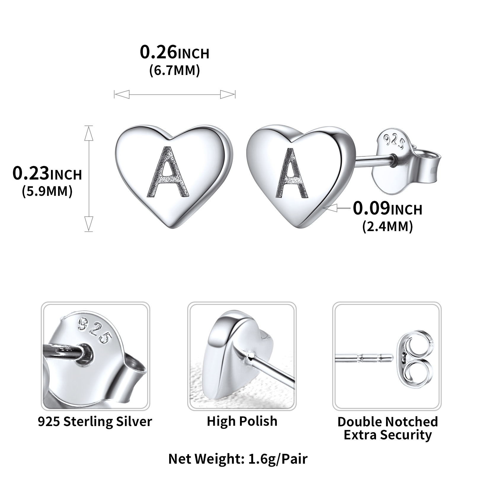Boucles d’Oreilles Clous Cœur avec Initiale en Argent Sterling 925 Taille
