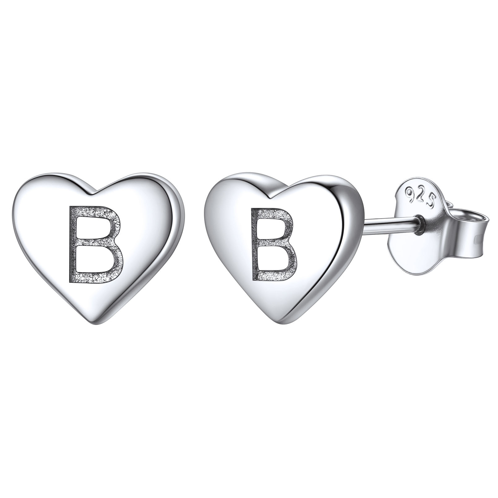 Boucles d’Oreilles Clous Cœur avec Initiale en Argent Sterling 925 B