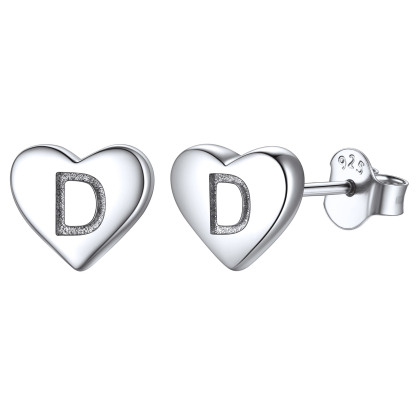 Boucles d’Oreilles Clous Cœur avec Initiale en Argent Sterling 925 D