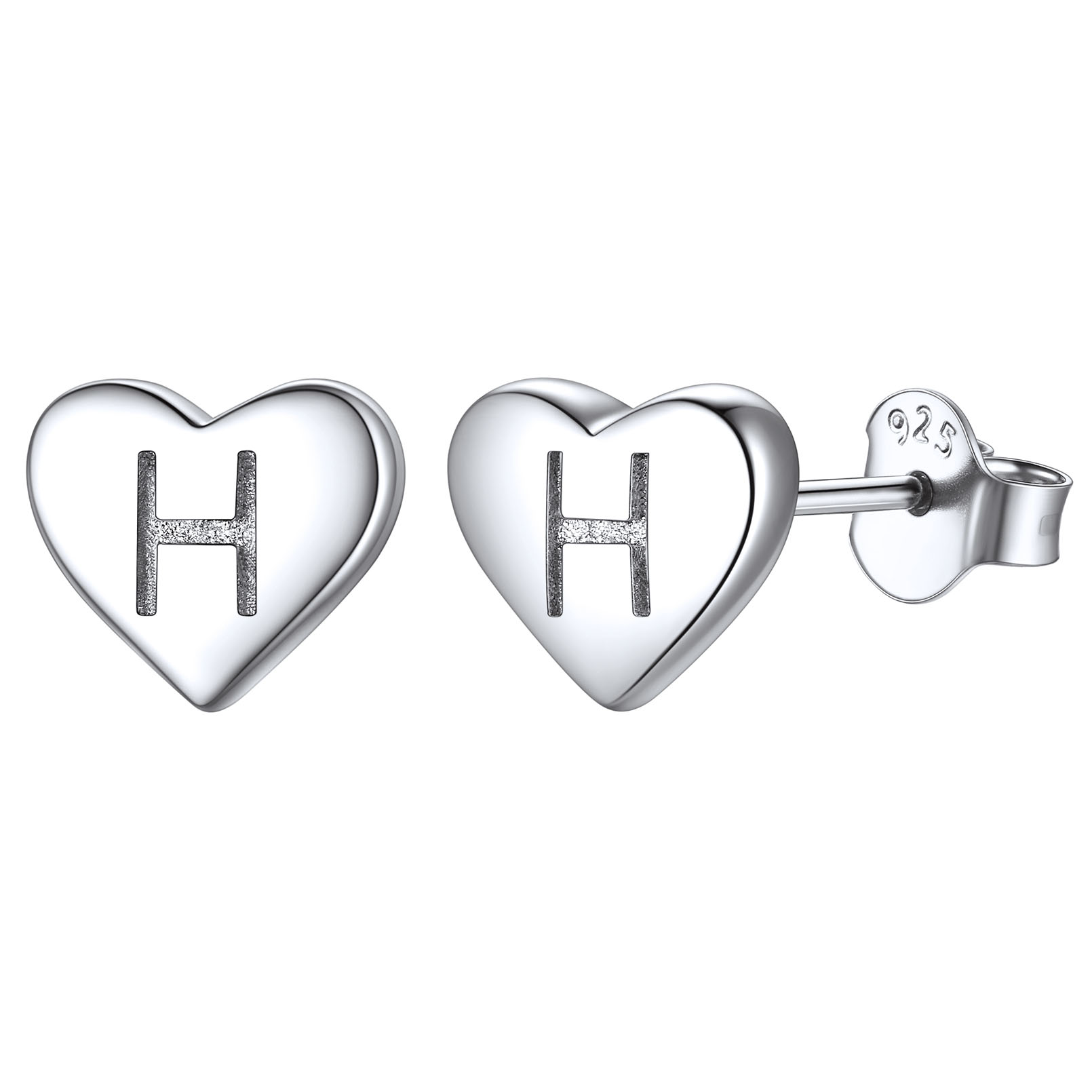 Boucles d’Oreilles Clous Cœur avec Initiale en Argent Sterling 925 H
